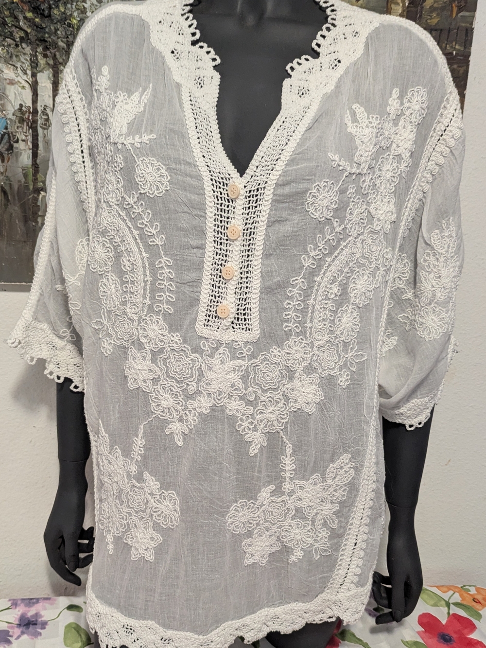 Embroidered White Crochet-Trim Tunic Top - Women